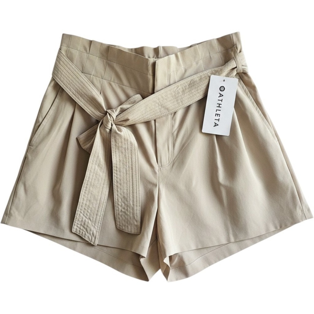 Athleta Skyline Short II Beige High Rise Paperbag Tie Waist Shorts Size 20 NEW